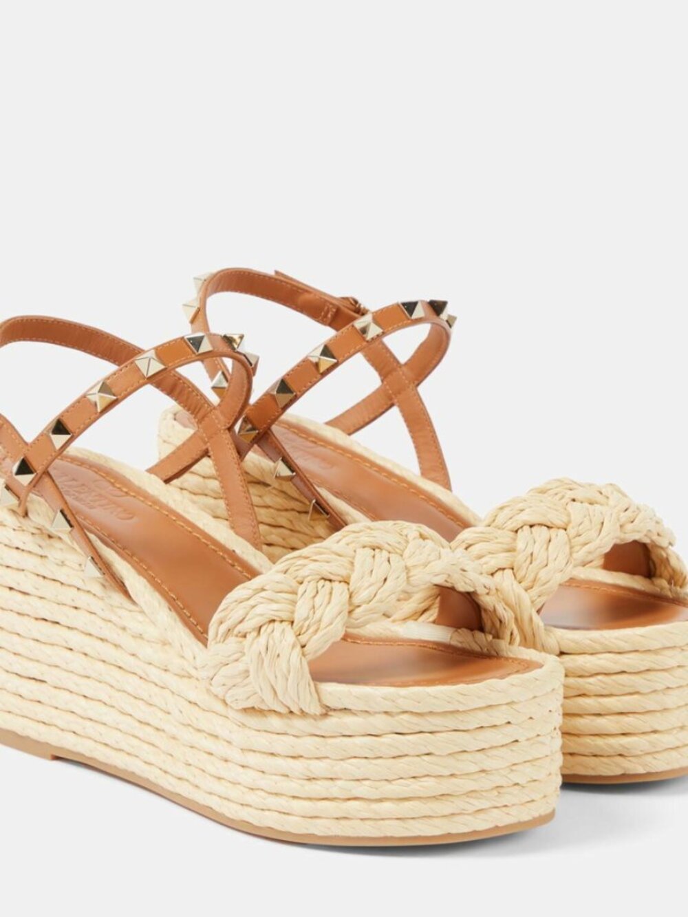 Valentino Garavani Rockstud Braided Leather Espadrille Wedges Size 37 - Picture 1 of 4